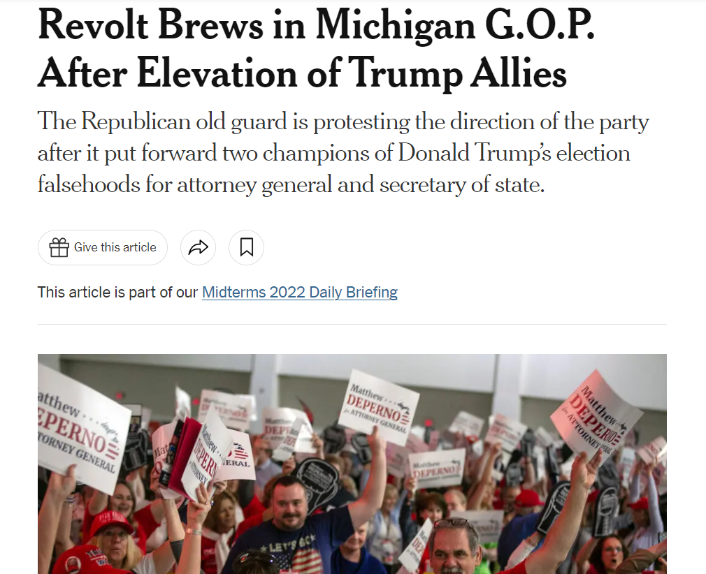 Read more about the article Revolt Brews in Michigan G.O.P. After Elevation of Trump Allies